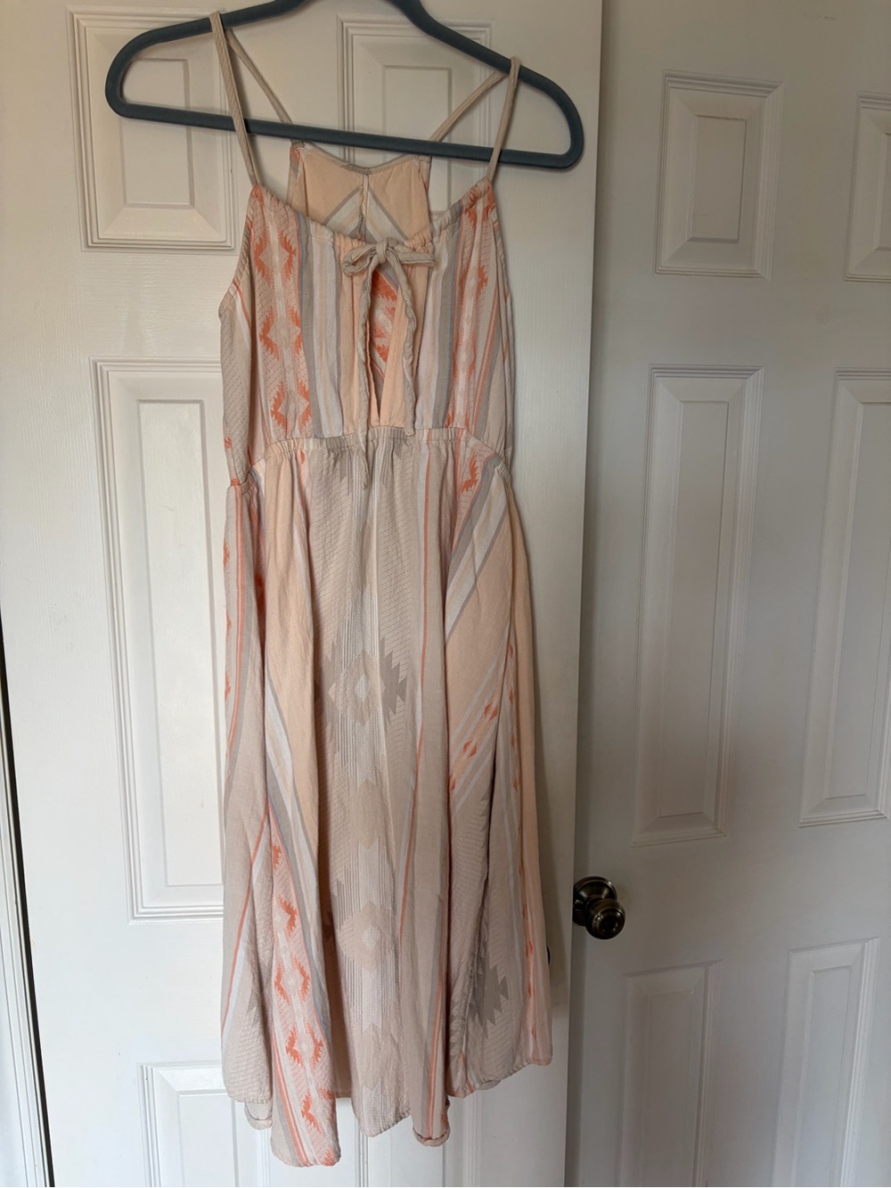 O'Neill Uli Dress with Tie Back Blush Pink, Grey and Cream High-Low Hemline - Picture 3 of 7